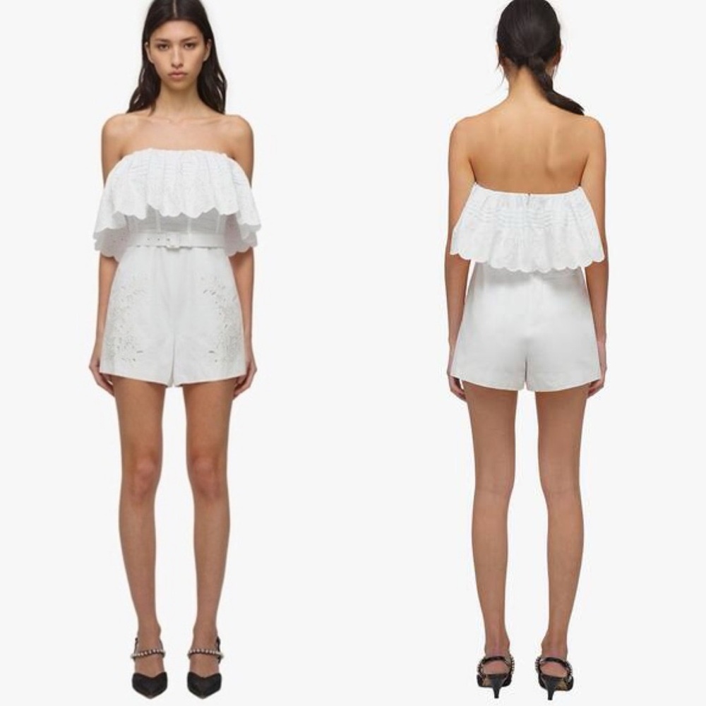 Self-Portrait White Broderie Anglaise Playsuit Belted w/ Ruffles